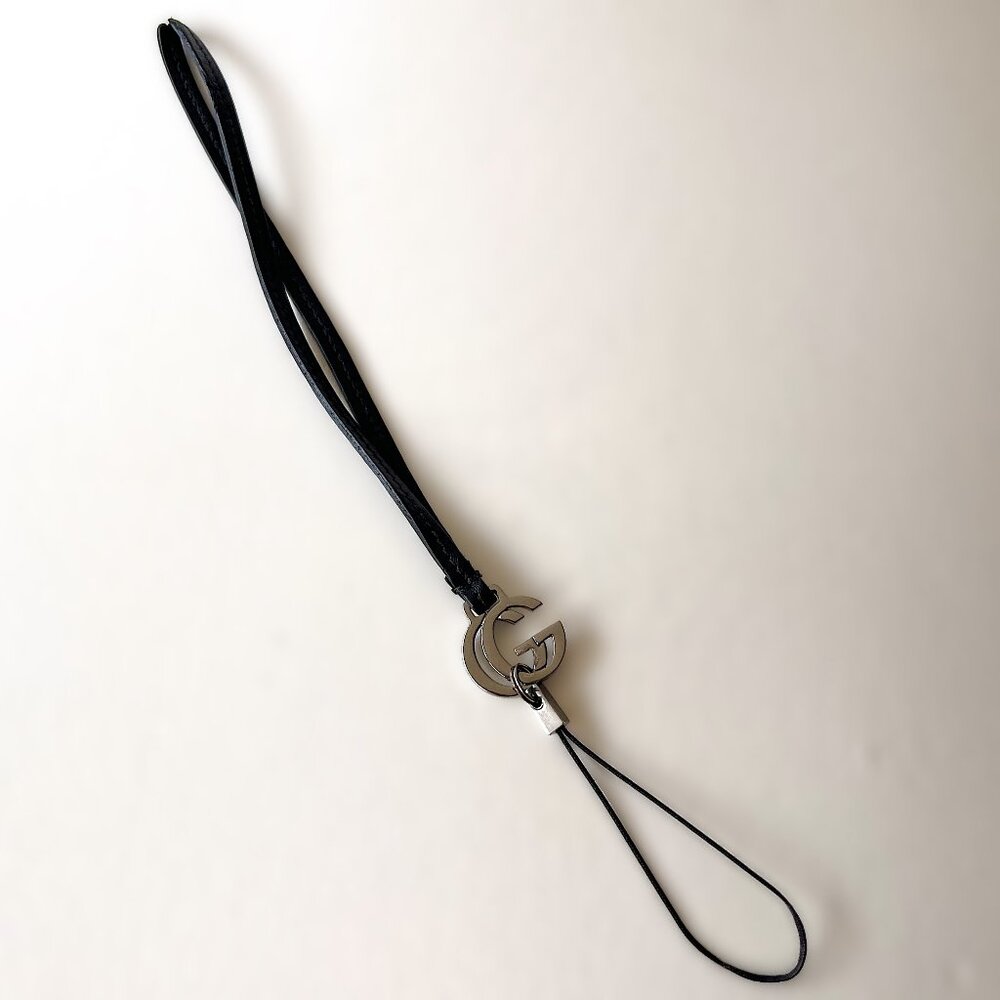 Authentic GUCCI Black Leather Cell Phone Strap with Metal GG Logo